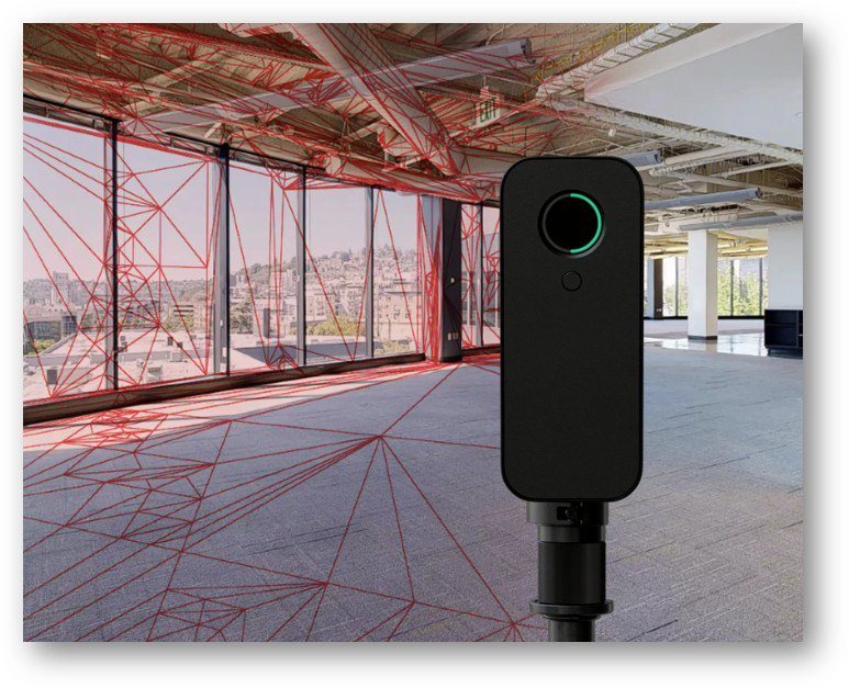 LiDAR capture camera with laser pulses mapping a room