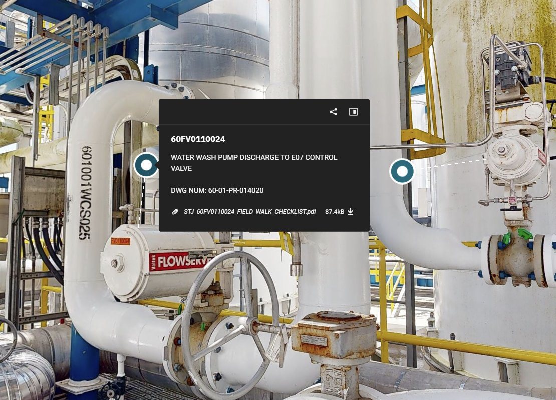 3D model with an asset tag open showing tag number, description and drawing number
