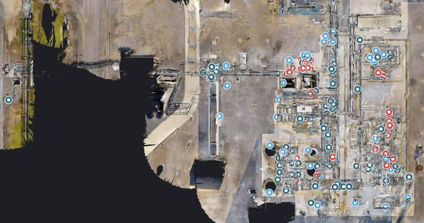 Aerial site map with tagged assets plotted across the facility